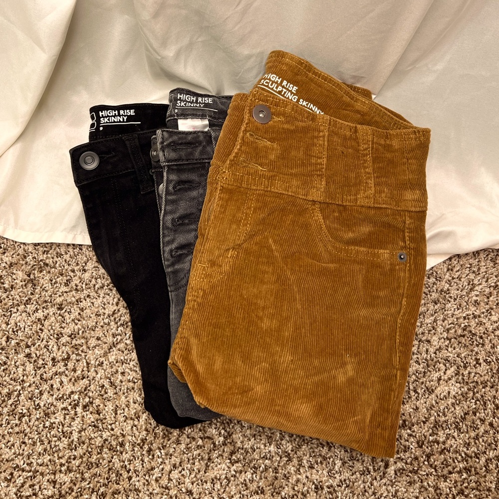 3 for 1 high rise no Boundaries jeans! Corduroy, grey distressed & black skinny